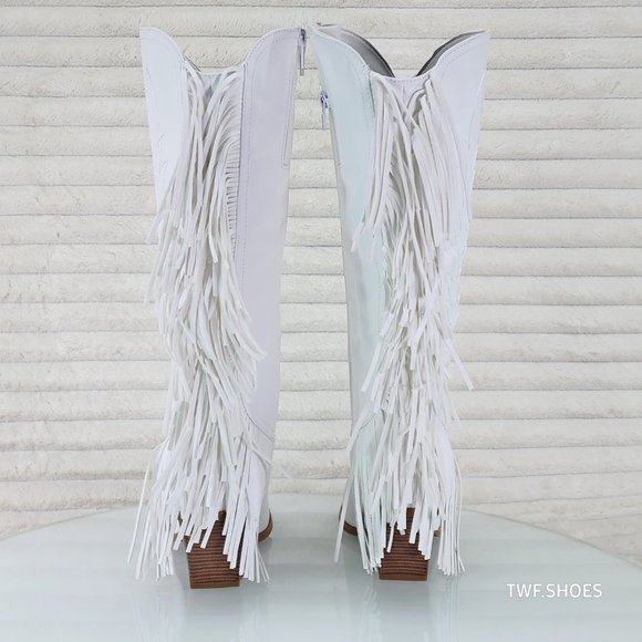 Dusty Roads Bright White Back Fringe Cowboy Western Cowgirl Boots Tuck Zipper - Picture 7 of 13